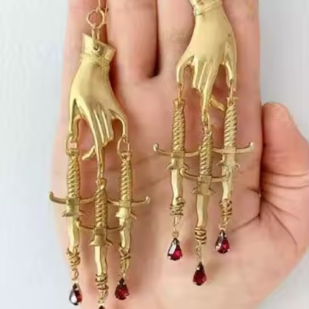 Long Gold Tone Red Rhinestones Hand Dagger Earrings Gothic Punk Hand Knife - Picture 4 of 4